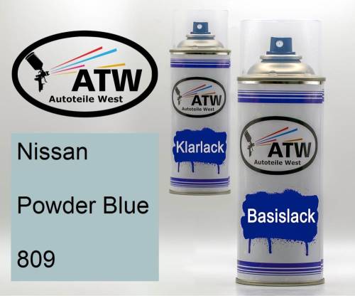 Nissan, Powder Blue, 809: 400ml Sprühdose + 400ml Klarlack - Set, von ATW Autoteile West.